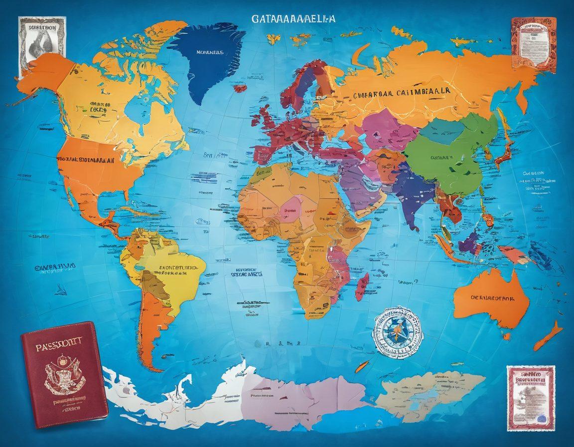 A map of the world with a highlighted route connecting Guatemala to various international destinations, featuring several consular service icons like passports, visas, and emergency support, surrounded by diverse cultural symbols representing Guatemalan heritage. Bright colors and clear typography overlaying the map, showcasing the concept of guidance and travel. 3D. vibrant colors.