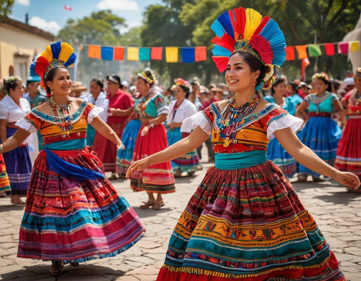 A vibrant depiction of a Guatemalan cultural event, featuring traditional dancers in colorful attire, artisan crafts on display, and visitors engaging in activities. The backdrop should show the Guatemalan Embassy, with flags and cultural symbols. Capture the joy and connection among diverse individuals learning about Guatemalan heritage. super-realistic. vibrant colors. festive atmosphere.