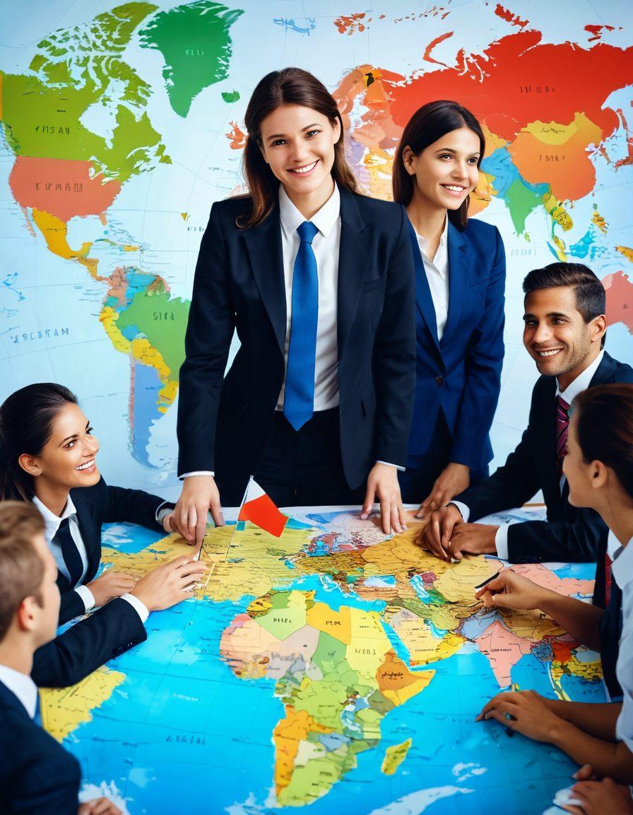 A diverse group of expatriates gathered around a large map, discussing visa assistance and legal aid. Include various national flags subtly in the background, symbolizing unity. Show a friendly lawyer providing guidance with a reassuring smile. The scene should be bright and welcoming, reflecting collaboration and support. vibrant colors. super-realistic.